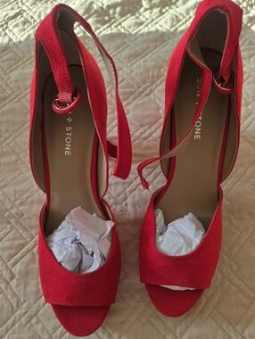 Sun + Stone Red Suede Peep-Toe Ankle-Strap Heels